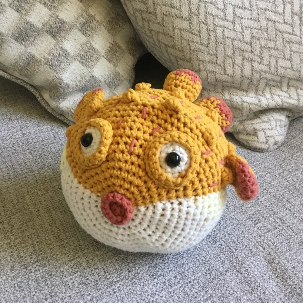 Handmade Crocheted Puffer Fish Plush - Mustard & Cream